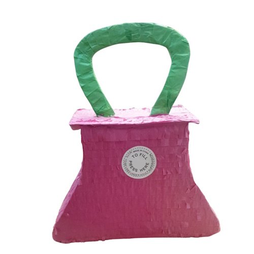 Pink purse-shaped piñata with a green handle (party decoration)