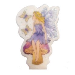 Fairy in a purple dress with lavender wings sitting on a flower, surrounded by yellow butterflies.