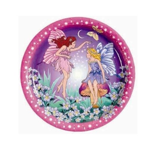 Round decorative plate with pink rim showing two flying fairies among flowers under a night sky.
