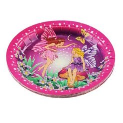 Pink plastic bowl featuring two winged fairies in a garden with flowers and a butterfly.