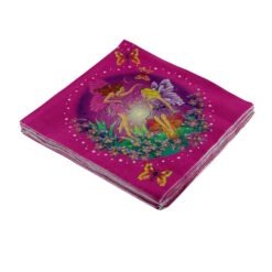 Folded pink scarf with a central scene of two colorful fairies among flowers, surrounded by butterflies.
