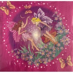 Two fairies dancing among flowers on a pink decorative napkin with butterflies nearby.