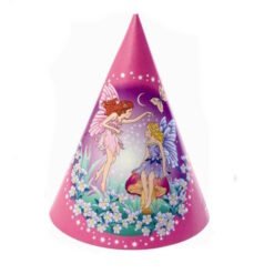 Pink party hat featuring two fairies among flowers in a garden scene, with a gradient purple band and white floral accents.