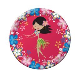 Circular illustration of a hula dancer in a grass skirt with a flower in her hair, set against a pink background framed by colorful tropical flowers.