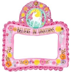 Pink unicorn-themed decorative photo frame with a blank center for a photo; features yellow flowers, a pink border, and the words 'Believe in Unicorns' across the top.