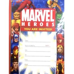 Cover of a Marvel Heroes invitation with a central blank RSVP form, framed by colorful superhero illustrations around the edges.