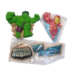 Green Hulk action figure breaking through rocks, a red-yellow Iron Man figure in clear plastic, and a Marvel Super Hero Squad packaging label.