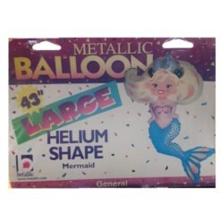Packaging for a 43-inch metallic helium balloon in mermaid shape, with a cartoon mermaid illustration.