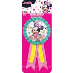 Minnie Mouse award ribbon on pink packaging, teal rosette with yellow and pink streamers, polka-dot top.