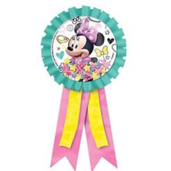 Minnie Mouse-themed party rosette with teal border, featuring Minnie in the center and pink and yellow ribbons hanging below.