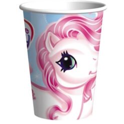 Paper cup featuring a pink unicorn illustration with a blue background and white rim (childrens party design)