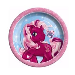 Round plate with a pink border featuring a magenta My Little Pony character on a blue background, with the logo visible on the pony's body.