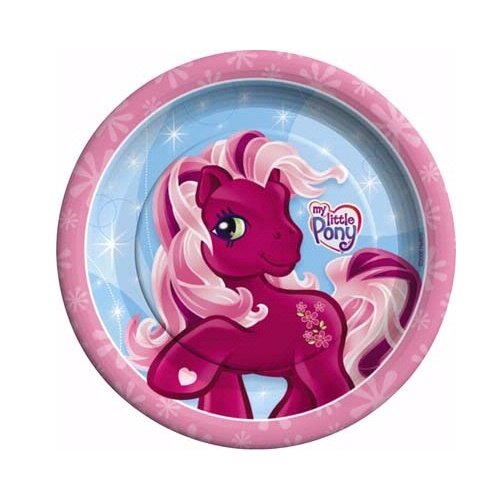 Round plate with a pink border featuring a magenta My Little Pony character on a blue background, with the logo visible on the pony's body.