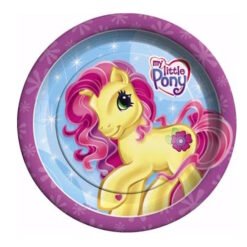 Round purple-edged plate with a yellow pony and pink mane from My Little Pony, a child’s decorative plate image.