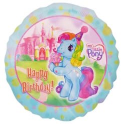 Round My Little Pony birthday balloon featuring a blue pony with rainbow mane, pastel castle background, and 'Happy Birthday' text.