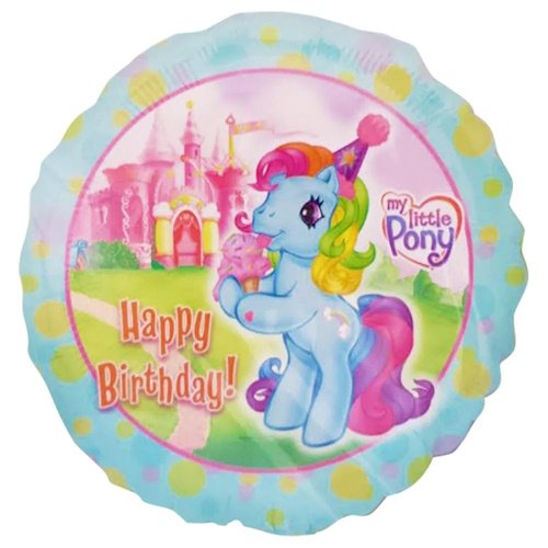 Round My Little Pony birthday balloon featuring a blue pony with rainbow mane, pastel castle background, and 'Happy Birthday' text.