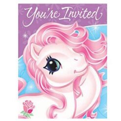 Purple invitation card with a pink unicorn illustration and the words 'You're Invited' at the top.