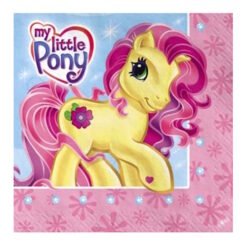 Yellow pony with pink and purple mane on a pink patterned background, featuring the 'my little Pony' logo in the corner.