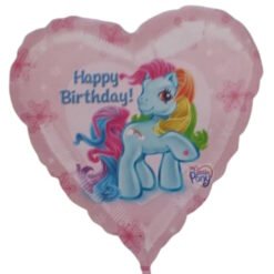 Pink heart-shaped birthday balloon featuring a blue My Little Pony with rainbow mane and 'Happy Birthday!' text