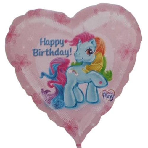 Pink heart-shaped birthday balloon featuring a blue My Little Pony with rainbow mane and 'Happy Birthday!' text