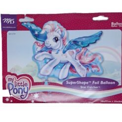 Packaging for a My Little Pony SuperShape Foil Balloon featuring a white pony with blue wings and a pink mane, labeled Star Catcher on a pink patterned background.
