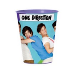 Plastic party cup featuring a One Direction photo of four members posing back-to-back, with a band logo banner reading 'ONE DIRECTION' across the top.