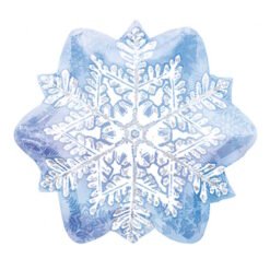 Blue watercolor snowflake with a detailed white filigree pattern on a white background for a winter theme image.