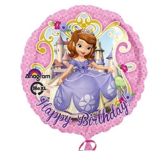 Pink round birthday balloon with a cartoon princess in a purple dress, castle backdrop, and 'Happy Birthday' text.