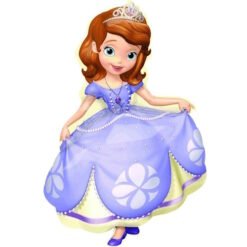 Cartoon princess in a lavender ball gown with a tiara, smiling and lifting her dress slightly with one hand.