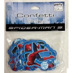 Blue-toned package labeled 'Confetti' containing Spider-Man 3 themed confetti shapes featuring Spider-Man silhouettes and web patterns.