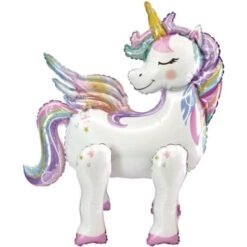 Inflatable unicorn balloon with pastel rainbow mane and closed eyes, standing upright with pink hooves.
