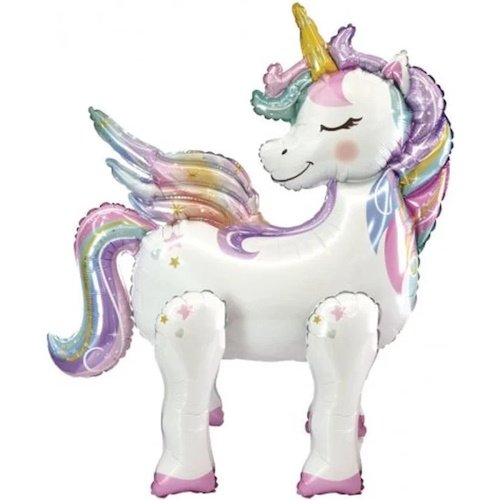 Inflatable unicorn balloon with pastel rainbow mane and closed eyes, standing upright with pink hooves.