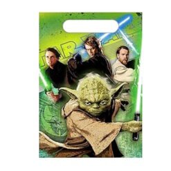 Star Wars party bag with Yoda wielding a green lightsaber, flanked by Obi-Wan and Anakin against a neon green background.