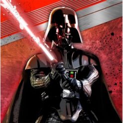 Darth Vader from Star Wars stands with a glowing lightsaber raised against a fiery red abstract background.