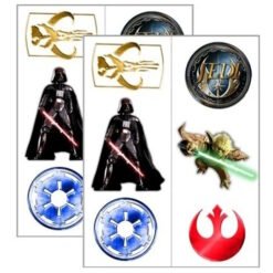 Collage of Star Wars stickers: Darth Vader with a red lightsaber, blue circular insignias, a gold emblem, a green-lightsaber creature, and the red Rebel symbol.