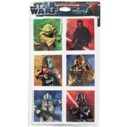 Six Star Wars character stickers arranged in a 2x3 grid on a card (Yoda, Darth Vader, Boba Fett, Chewbacca, clone trooper, red-lit villain).