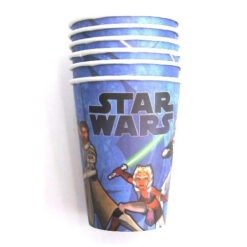 Stack of blue Star Wars cups featuring characters with lightsabers for a party.
