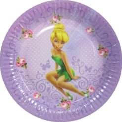 Round purple, circular party plate featuring Tinker Bell in a green dress sitting among pink roses and decorative swirls.