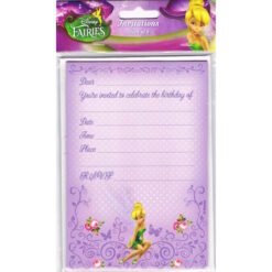 Purple Disney Fairies invitation card with Tinker Bell at the bottom, decorative swirls and floral borders, containing fields for Dear, Date, Time, Place, RSVP.