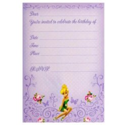 Purple birthday invitation card featuring floral swirls and Tinker Bell at the bottom; fields for Date, Time, Place, RSVP are visible (decorative theme).