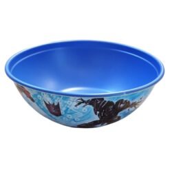 Blue plastic bowl with a bright blue interior and a comic-style pattern on the outside edge.