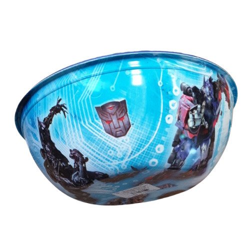 Blue plastic child's bowl featuring Transformers artwork and the Autobot logo on a futuristic blue background.