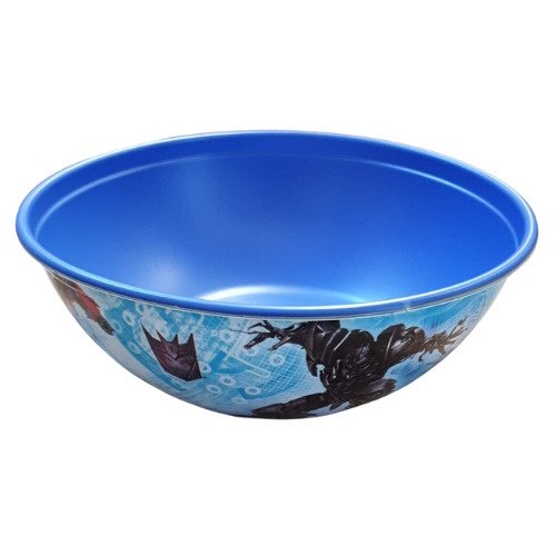 Blue plastic bowl with a bright blue interior and a comic-style pattern on the outside edge.