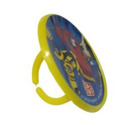 Yellow circular plastic disk toy with a blue printed image on the face, mounted on a yellow ring handle for holding or spinning.