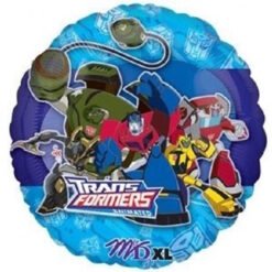 Round blue Transformers balloon showing action-packed robots with the Transformers logo and small 'XL' text.