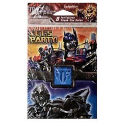 Poster-style image featuring Transformers characters with 'Let's Party!' text and a blue Autobot emblem at center, colorful action-packed design