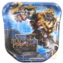 Plate featuring Bumblebee from Transformers in an action pose on a blue, tech-pattern background, with the Transformers logo visible.
