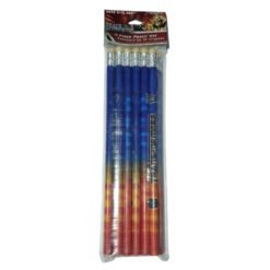Bundle of rainbow-colored pencils in clear plastic packaging, gradient from blue at the top to red at the bottom with a label at the top