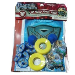 Transformers 48-piece party favor pack with yellow rings, blue discs, and small toys in a sealed bag.