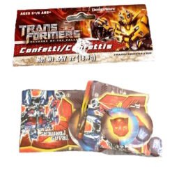 Two Transformers-themed candy wrappers: the top red package shows Optimus Prime and the Autobots emblem, the bottom orange package features bold Transformers artwork.